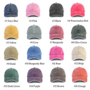 May include: A collection of 16 different colored baseball caps. The caps are all made of a distressed denim fabric and have a classic baseball cap shape. The colors include navy blue, pink, black, watermelon red, yellow, grey, burgundy, olive green, khaki, burgundy blue, rose, beige, dark green, purple, brown, and orange.