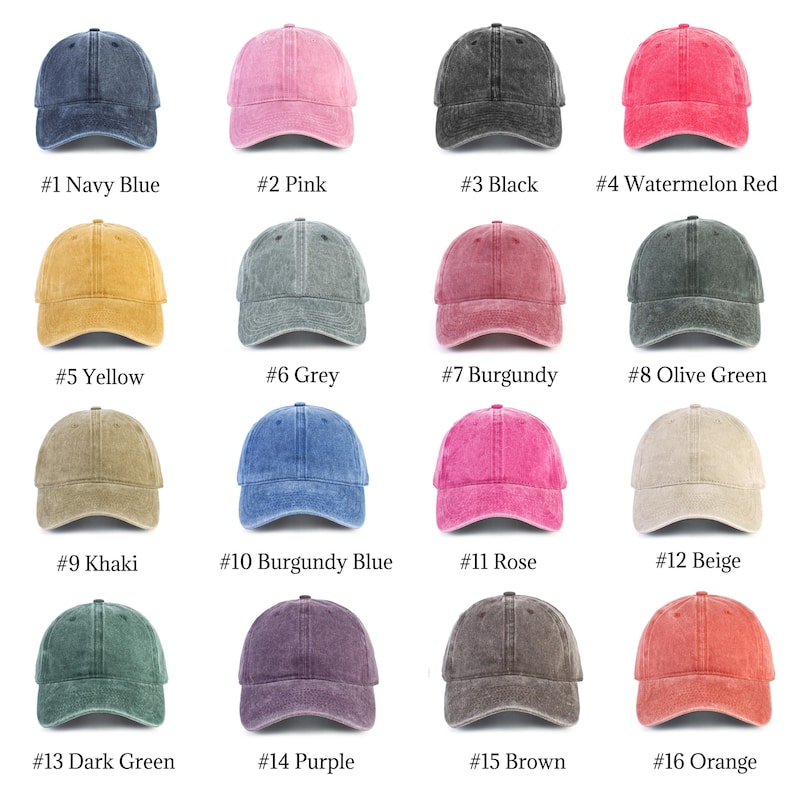 May include: A collection of 16 different colored baseball caps. The caps are all made of a distressed denim fabric and have a classic baseball cap shape. The colors include navy blue, pink, black, watermelon red, yellow, grey, burgundy, olive green, khaki, burgundy blue, rose, beige, dark green, purple, brown, and orange.