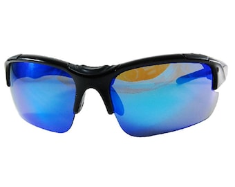 May include: Black-framed sunglasses with blue mirrored lenses. The sporty sunglasses have a curved design and are set against a white background. The lenses reflect a gradient of blue and yellow.