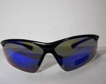 May include: Black wraparound sunglasses with blue mirrored lenses.