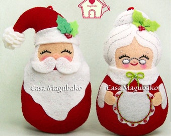 Handmade Santa & Mrs. Claus Ornaments - Set of 2 Ornaments - Wool/Rayon Felt - Winter Decor - Christmas Tree Decoration