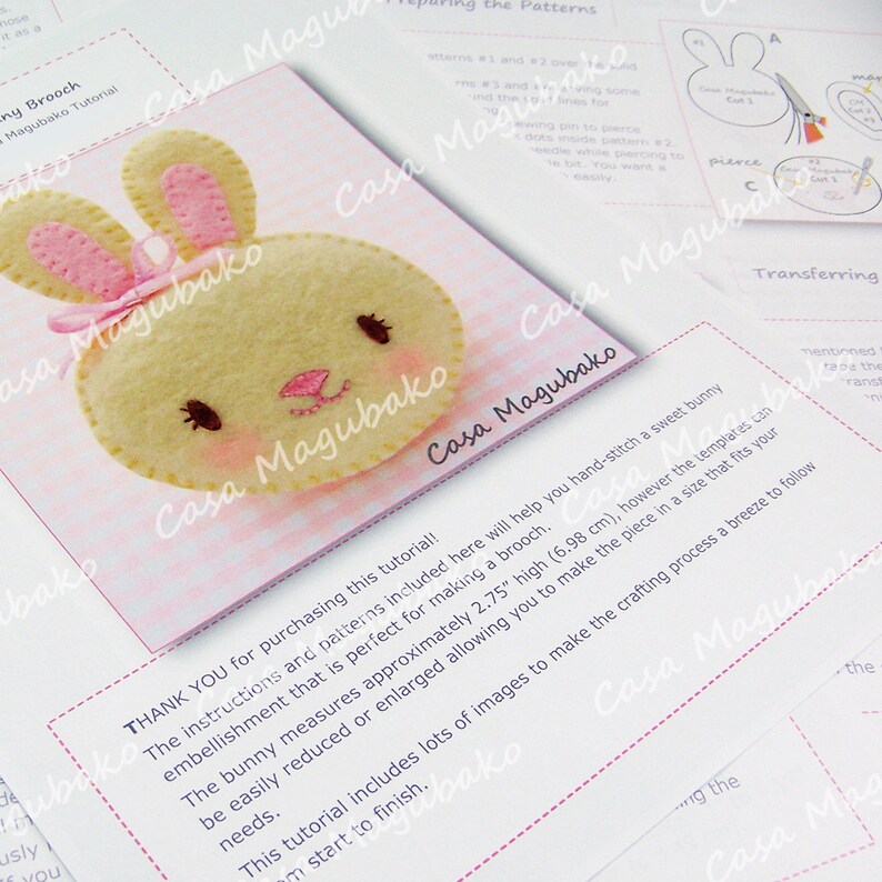 May include: A close-up of a felt bunny brooch pattern with instructions for making a felt bunny brooch. The instructions include a note that the pattern can be easily reduced or enlarged to make the piece in a size that fits your needs. "THANK YOU for purchasing this tutorial! The instructions and patterns included here will help you hand-stitch a sweet bunny embellishment that is perfect for making a brooch. The bunny measures approximately 2.75" high (6.98 cm), however the templates can be easily reduced or enlarged allowing you to make the piece in a size that fits your needs. This tutorial includes lots of images to make the crafting process a breeze to follow from start to finish."