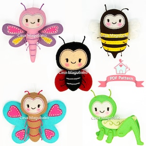 May include: Five felt animal patterns for sewing: a pink butterfly, a black and red ladybug, a yellow and black bee, a brown and blue butterfly, and a green grasshopper. Each pattern includes the text "Casa Magubako" and a smiling face.