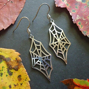 Spider Web Earrings, Stainless Steel, Halloween Earrings, 1.5" Dangle Earrings, Silver color