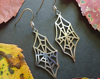Spider Web Earrings, Stainless Steel, Halloween Earrings, 1.5&quot; Dangle Earrings, Silver color