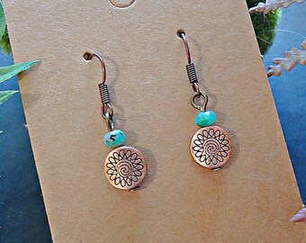 Small Minimalist Earrings, Copper and Turquoise or Labradorite Stone