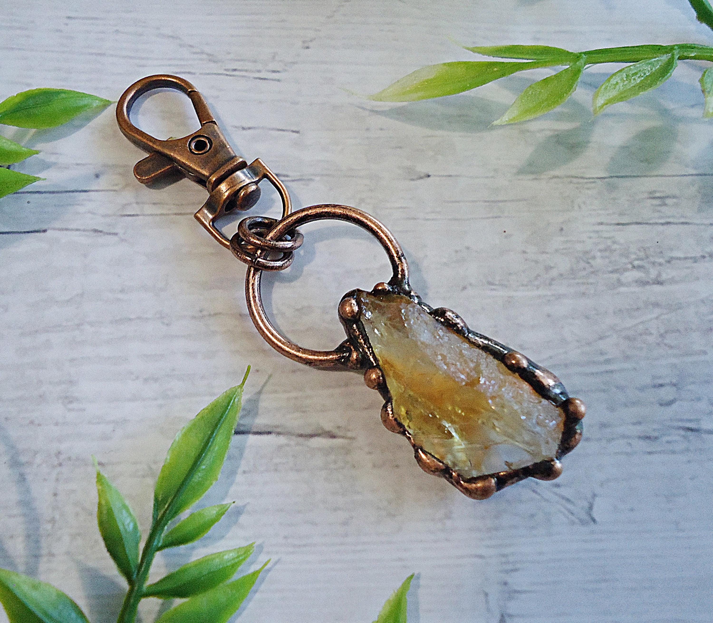 Citrine Nugget Bag Charm, Large Rough Citrine Stone and Antique Copper