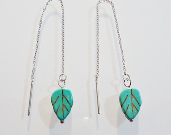 Stainless Steel Threader Earrings - Stone Turquoise Leaves