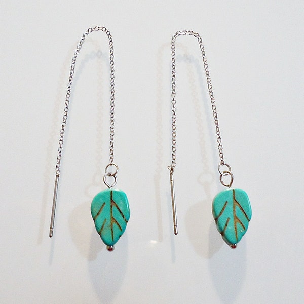 Stainless Steel Threader Earrings - Stone Turquoise Leaves
