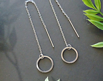 Stainless Steel Threader Earrings - Small Silver Circles, Simple Minimalist
