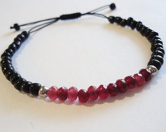 Adjustable Garnet or Turquoise Bracelet - Black Cord and Stainless Steel - Layering Stackable Bracelet