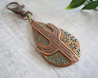 Copper Cactus Bag Charm, Antique Copper and Green Patina