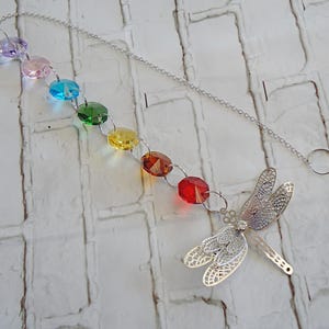 Suncatcher, Colorful Glass Crystals with Silver Dragonfly, 16" Long