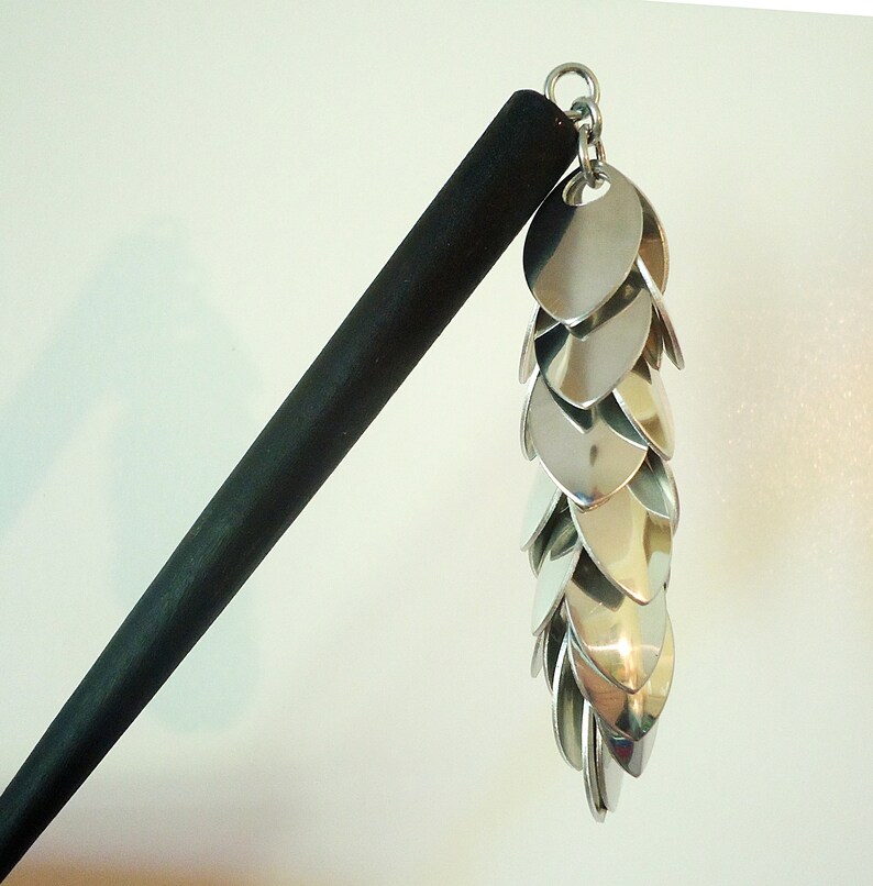 Cascading Shiny Silver Hair Stick Wooden (6") - Black