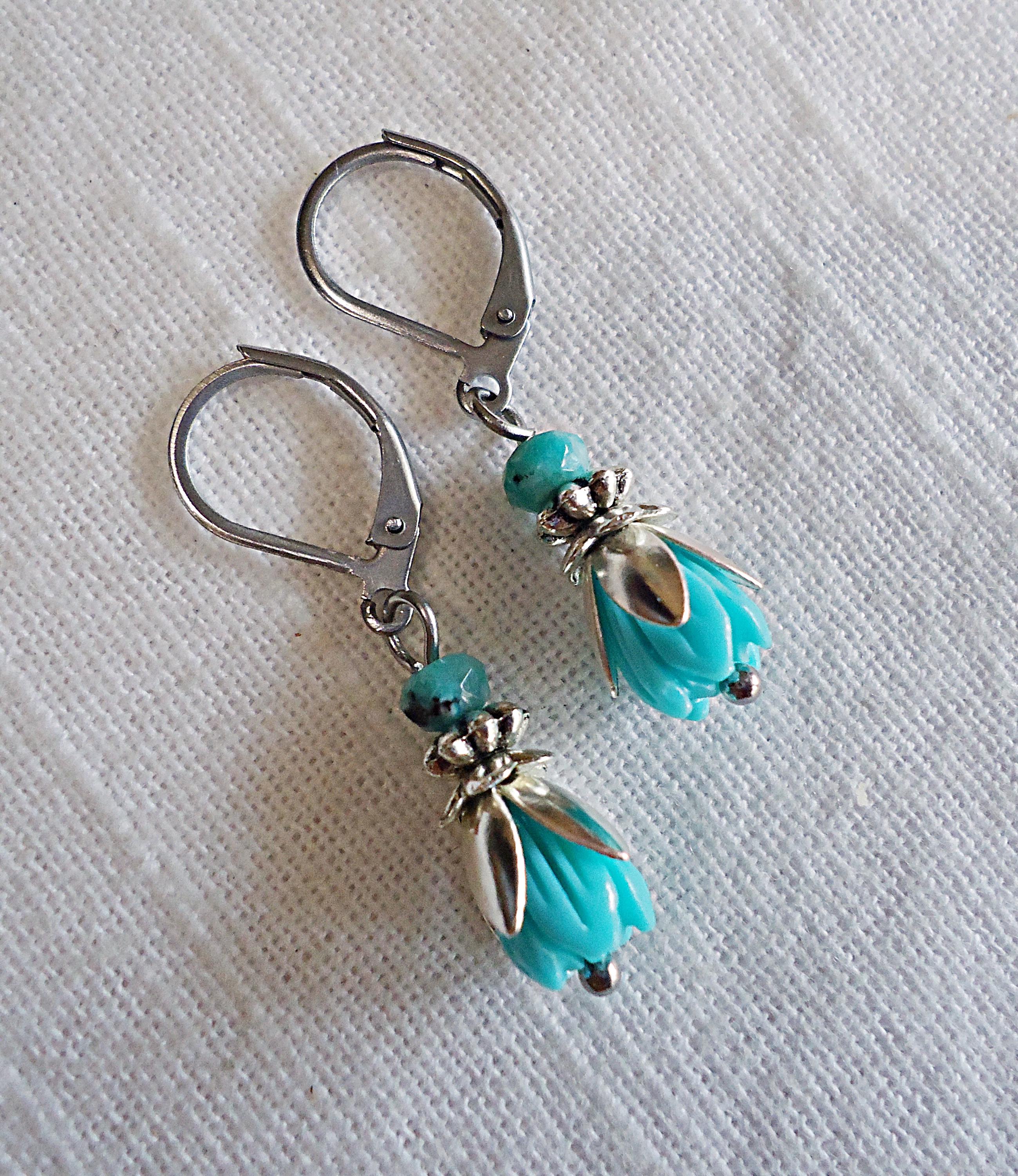 Small Turquoise Tulip Flower Earrings, Stainless Steel Hoops, Silver and Turquoise Blue Earrings