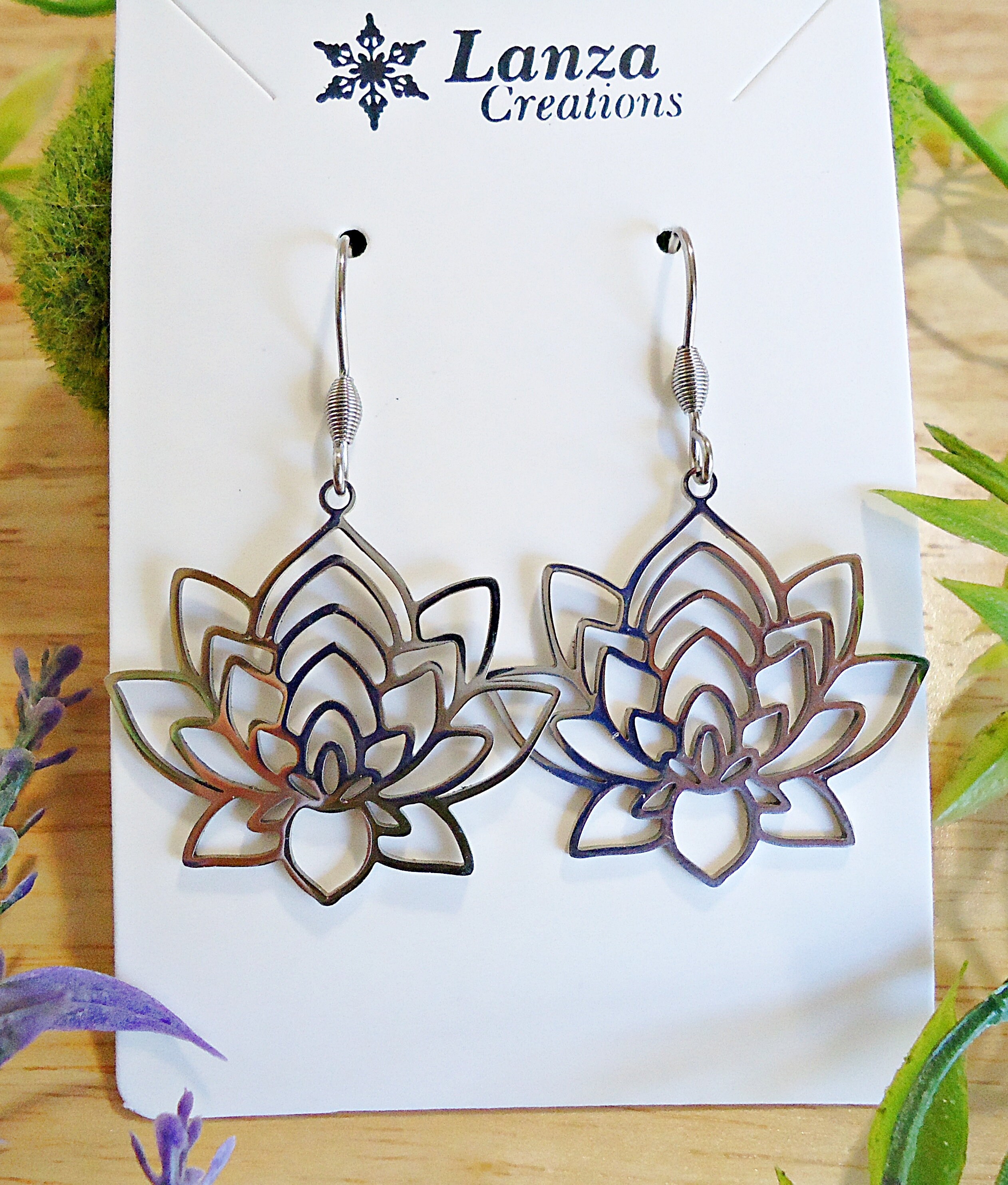 Lotus Flower Earrings Stainless Steel 1.25 Dangle Earrings Non