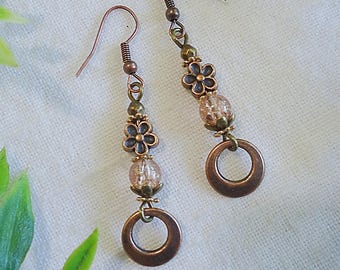 Antique Copper Dangle Earrings, Crackle Glass, Copper Flowers, Bronze, Rose Gold