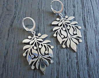 Silver Stainless Steel Laser cut Earrings, Large Leaf Design, Huggie Hoop Leverbacks