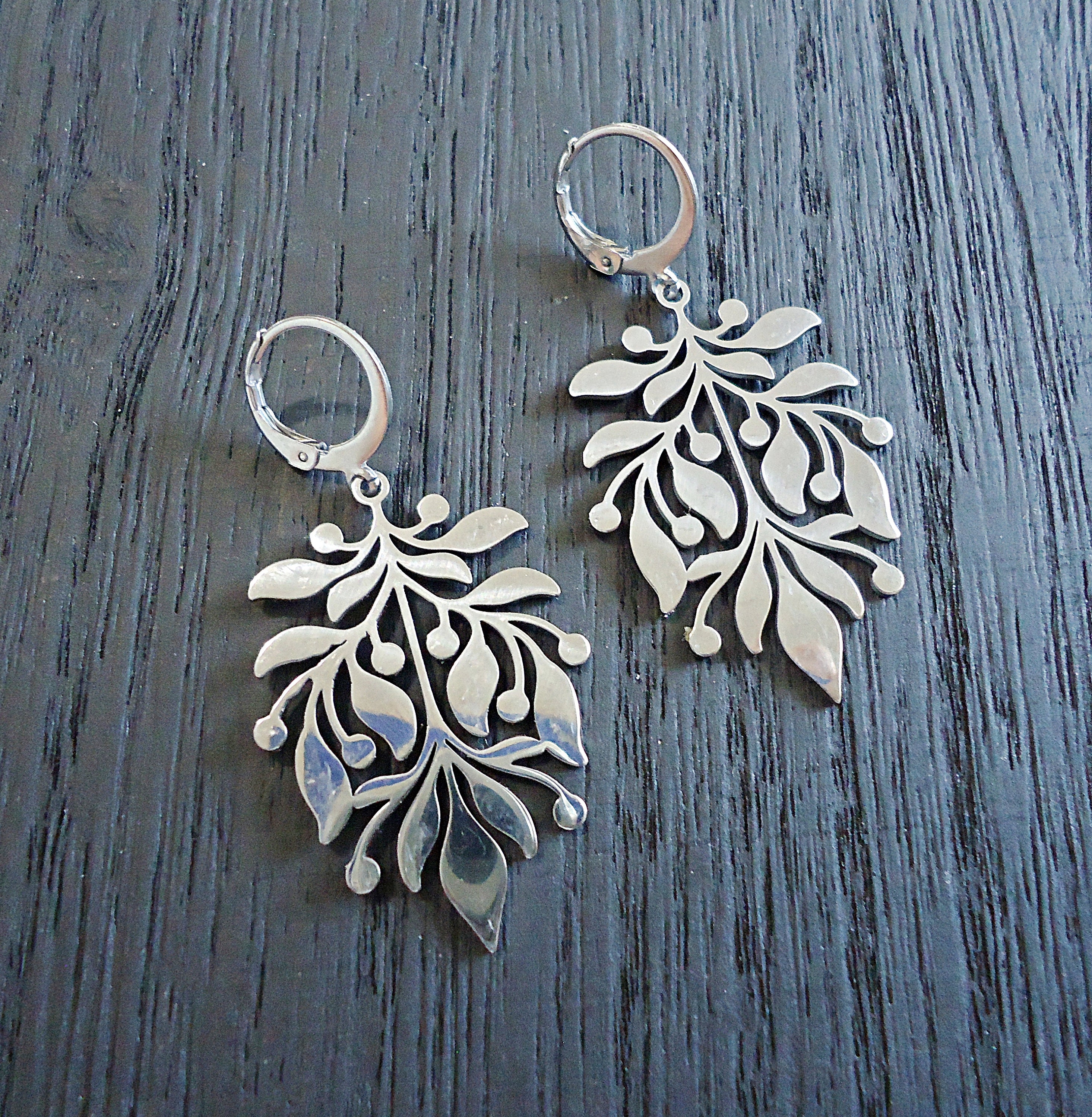 Handmade Large Leaf Themed Drop Earrings – 925 Solid Silver Hooks, UK Made