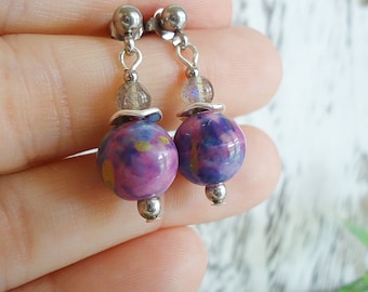 Porcelain and Labradorite Earrings, Purple and Blue Glaze, Stainless Steel Earwire, Short Stud Earrings