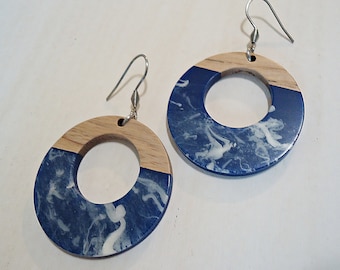 Wood and Resin Round Dangle Earrings, Blue and White Swirl, Stainless Steel Earwire, Hypoallergenic, Non-Tarnishing, Donut Shape