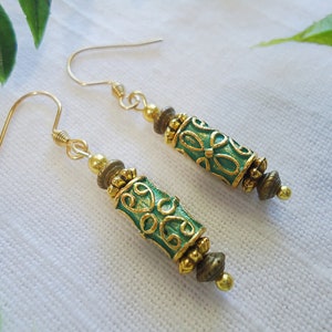 Vintage Verdigris Green Gold and Antique Bronze Earrings, 1&quot; Dangle, Stainless Steel Earwire