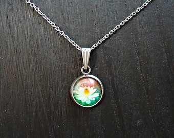 Pendant Necklace, Lotus Painting under glass, Stainless Steel Chain
