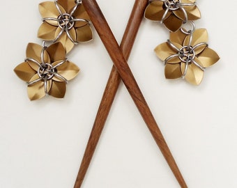 Pair of Six Inch Wooden Hair Sticks with Metallic Bronze Flowers