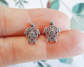 Sea Turtle Stud Earrings, Bali Style, Sterling Silver, Flower, Boho, Minimalist