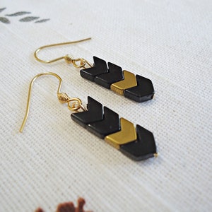 Chevron Arrow Hematite Earrings, Black and Gold, 3/4&quot; Dangle