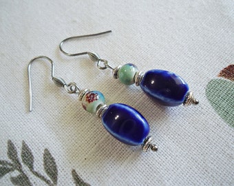 Blue and Aqua Porcelain Earrings, Stainless Steel, 1 inch Dangle