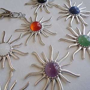 Sun and Stone Bag Charm, Zipper Pull, Large Silver Sun, Lapis Lazuli, Green Aventurine, Amethyst, Quartz, Topaz Jade, Opalite, Black Agate