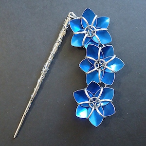Hair Stick - Three Flowers - Cobalt Royal Blue and Silver, Metallic Blue and Antique Silver Hair Stick with Wrapping Vines