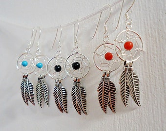 Dreamcatcher Earrings, Sterling Silver, Black Onyx, Turquoise, or Red Agate