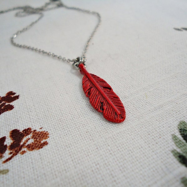 Red Feather Necklace, Hawk, Stainless Steel Chain, MHA