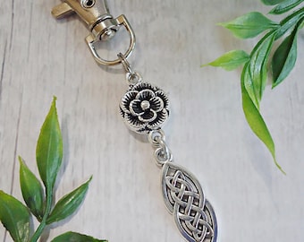 Silver Celtic Rose Bag Charm Zipper Pull Keychain, 3.25" Long