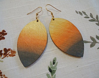 Ombre Wood Earrings, Sunset Colors, Gray, Gold, Rust, Terra Cotta, Orange, Teardrop, Lightweight, Earthy