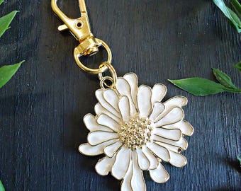 Large White and Gold Flower Bag Charm, Zipper Pull, Keychain, Purse Charm