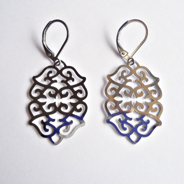 Silver Stainless Steel Ornate Earrings, Lightweight Leverbacks, Non-Tarnishing, Hypoallergenic, 1" Dangle