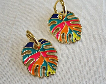 2 in 1 Earrings, Tropical Leaf Huggie Hoop Earrings, Colorful Enameled Monstera Leaf and Gold Brass Hoops