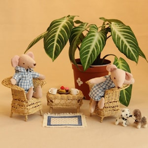 1:12 Scale Handwoven Chair and Table Set, Dollhouse Furniture, Handmade Rattan Miniature Seating, Cozy Dollhouse Home Decor, Gift for Girl