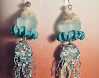 Patina Jellyfish Ear Art jellyfish earrings Beachy jewelry Beachy earrings jellyfish jewelry