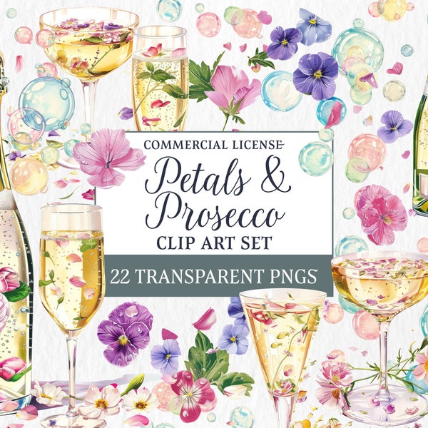 Petals and Prosecco Clip Art | Wedding Invitation Shower Aperitif Illustrations Digital Drink Graphics, Instant Download Commercial Use