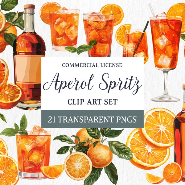 Watercolor Aperol Spritz Clipart | Transparent Background PNGs Commercial Use High-Resolution Digital Instant Download Graphic Illustration