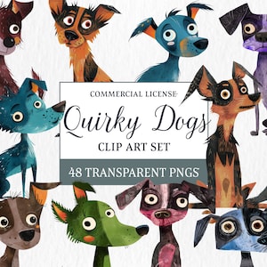 Quirky Dog Clipart Set - Digital Pups, Funny Canine Graphics, Weird Cute Whimsical Playful Dog Illustrations, Instant Download Commercial