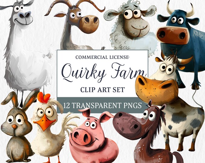 24 Quirky Farm Animals Clipart PNG Images - Watercolor Cute & Funny ...