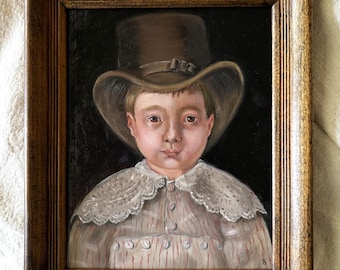 Original Oil Painting Framed Young Boy with Hat Vintage Inspired 19th Century Portraiture