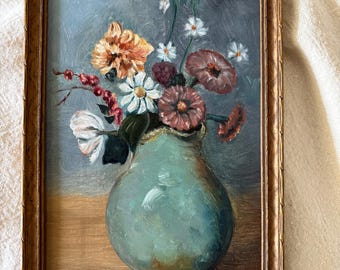 Original Oil Painting Floral Still Life Bouquet in a Teal Vase Wall Decor