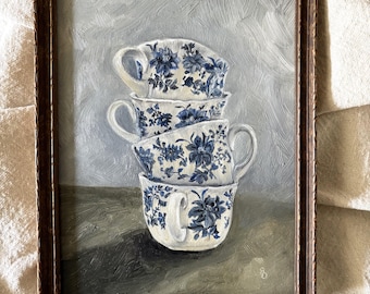 Original Oil Painting Blue and White Stacked  Porcelain Teacups Still Life Kitchen Dining Decor