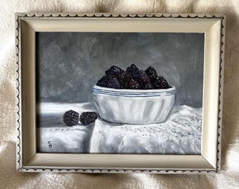 Original Oil Painting Blackberries in a Blue and White Bowl Still Life Kitchen Dining